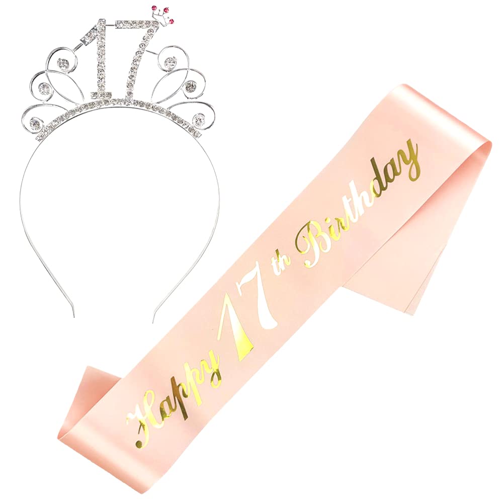 JKJF 17th Birthday Sash and Tiara Set Happy 17th Birthday Sash 17th Birthday Crystal Tiara Rhinestone Crown Headband for Ladies Women Birthday Gift Birthday Decoration Party Supplies - Rose Gold 2 pcs