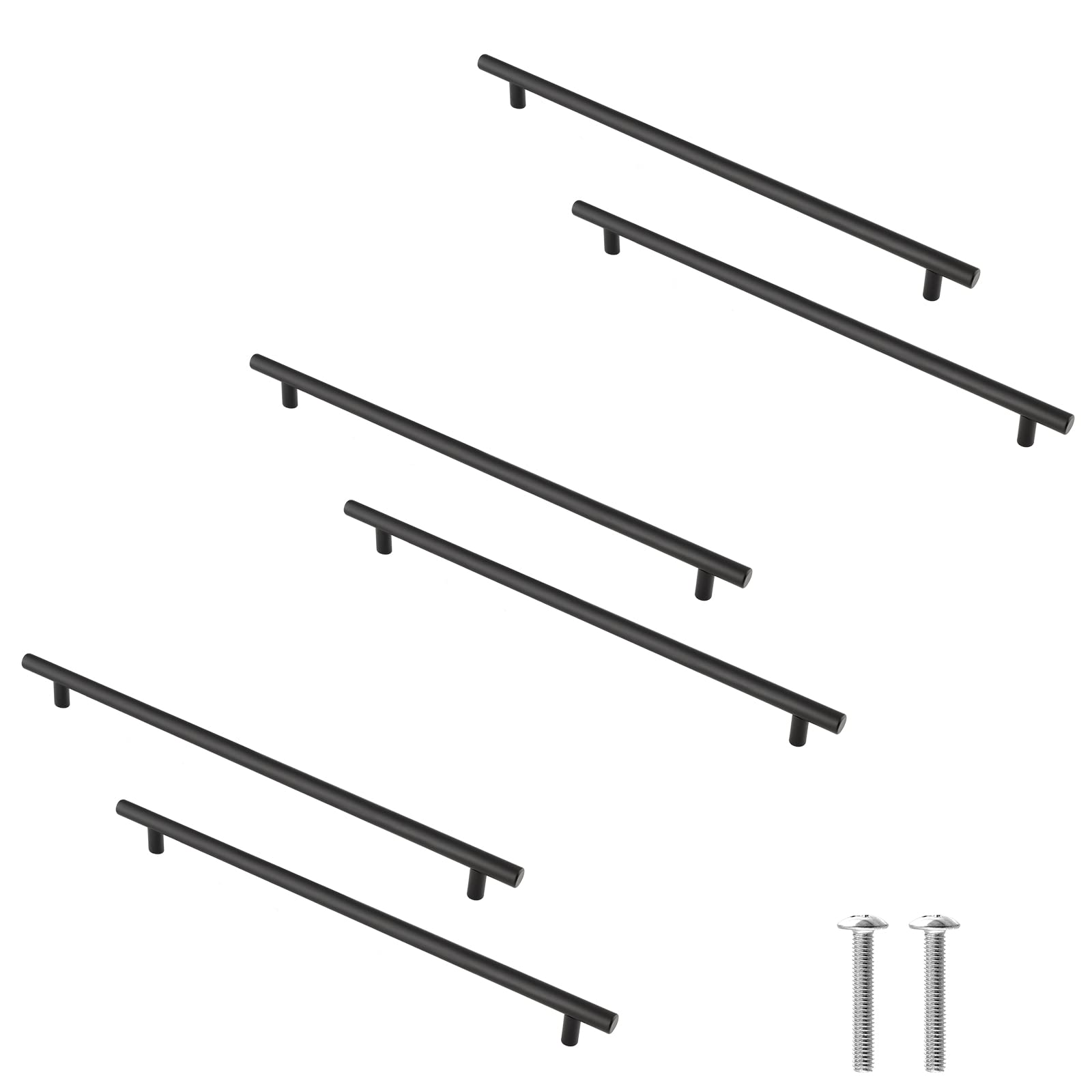 Cjueiom 6 Pack Matt Black Cupboard Handles 192mm Hole Center T Bar Handles, Stainless Steel Drawer Long Wardrobe Door Pulls, 300mm Length Kitchen Cabinet Bedroom Drawer