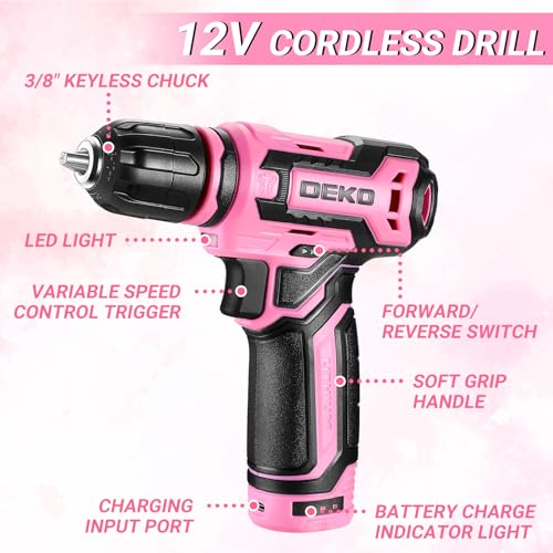 Pink Tool Kit Box Drill Set: DEKO 238 Pieces Home Mechanic Toolbox with 12V Power Cordless Drill Hand Repair Tools Sets Combo Kits Storage Organizer Drawer Case for Women