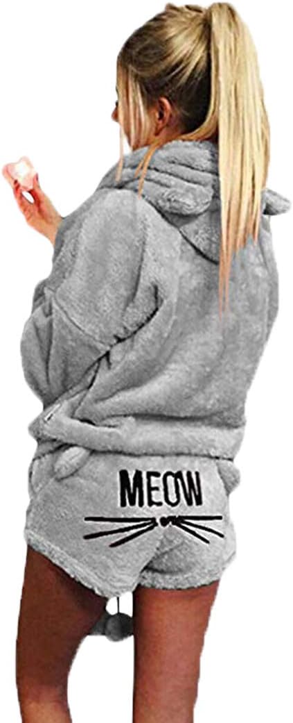 Women's Two-Piece Pajamas Warm Coral Fleece Cute Pajamas Cute cat Pattern Hoodie + Shorts Suit