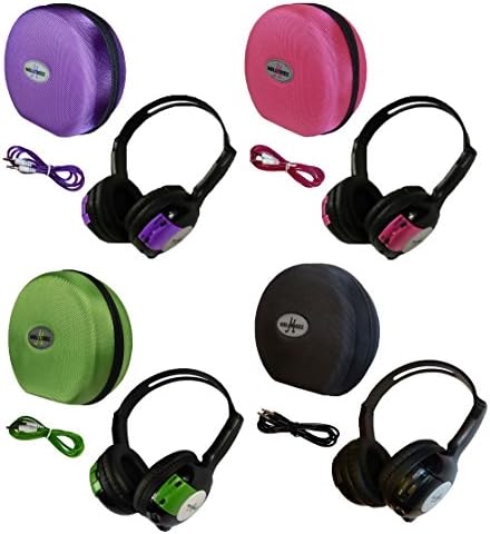 4 Pack Kid Sized Wireless Infrared Universal Car DVD IR Automotive Colored Adjustable 2 Channel Headphones With Case and 3.5mm Auxiliary Cord