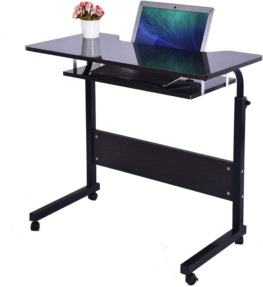 Home Office Computer Desk with Pulley, Liftable Keyboad Tray Economic Computer Desk Rustic Vintage Solid Wood Study Classic Saving Space Desk (Black, 31.5 x 15.7 x 27.5-35.5 inches)
