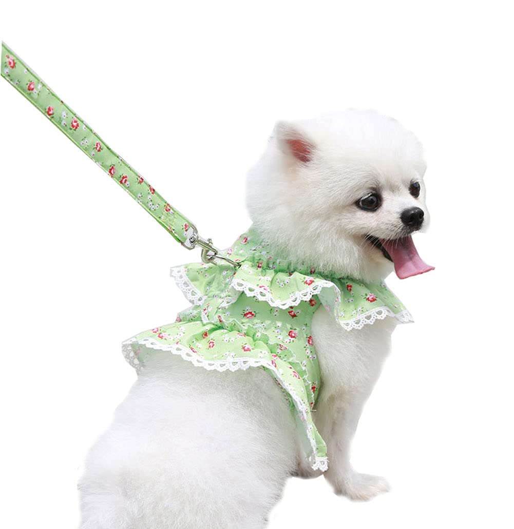 MeiAOBest Dog Harnesses with Leash Set,Soft Cotton Floral Lace Pet Vest Harnesses for Cats Puppy Samll Dogs Teddy Bichon (Green, S)