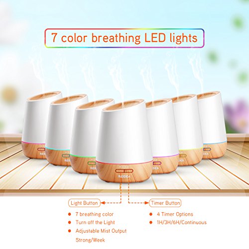 REIDEA 500ml Aromatherapy Essential Oil Diffuser Humidifier with 7 Color Breathing LED Lights