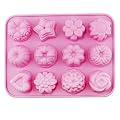 PsmGoods 12 Cavities Flower Silicone Cake Mold Tray Bread Chocolate Jelly Candy Baking Mould DIY Mold (Pink)