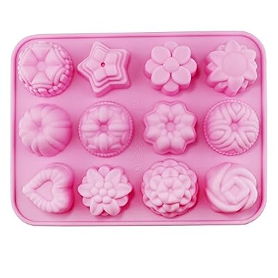 PsmGoods 12 Cavities Flower Silicone Cake Mold Tray Bread Chocolate Jelly Candy Baking Mould DIY Mold (Pink)