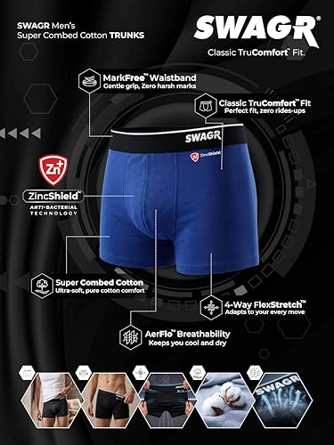 SWAGR 5 Pack Men's Super Combed Cotton Underwear Trunks | Classic TruComfort Fit | Powered by ZincShield Anti-Bacterial Tech | Aerflo Breathability | 4-way FlexStretch | SOXCO Style SG05