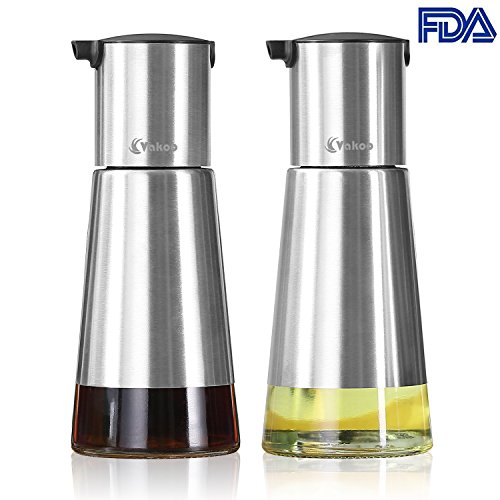 Kitchen Oil Dispenser - VAKOO Stainless Steel Olive Oil and Vinegar Cruet Dispenser Set - BPA-free Leak-proof Glass Oil Bottles - Best Cooking Oil Container for Kitchen