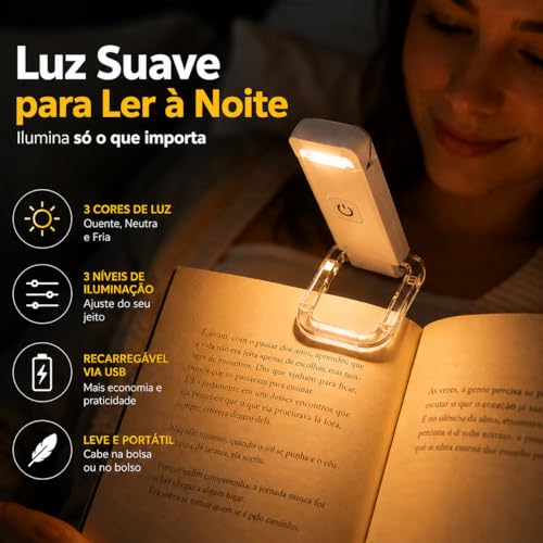 Luz de Leitura Recarregável USB com Clipe Braço Flexível e 3 Modos de Cor - Cores sortidas