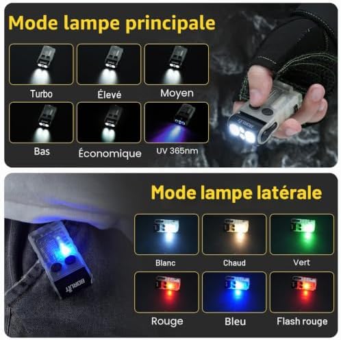V20 Mini Lampe de Poche, Lampe Torche Rotatif à 180° avec UV 365nm, Alarme Buzzer 110dB, 1000 Lumen avec 13 Modes, IP67 étanche, pour le Camping la Randonnée(blanc)