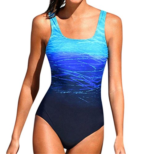 Snowfoller Womens Swimming Costume Geometric Lines Printed Padded Gradient Color Swimsuit Monokini Push Up One-Piece Bikini (XL, Blue) - Thumbnail 5