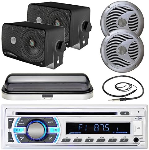 Lectronify Marine Audio Kit - Marine Bluetooth Stereo Radio Headunit Receiver, 3.5'' 200 Watt 3-Way Speakers and 150 Watt Dual 6.5'' Waterproof Marine Speakers with Wire Antenna