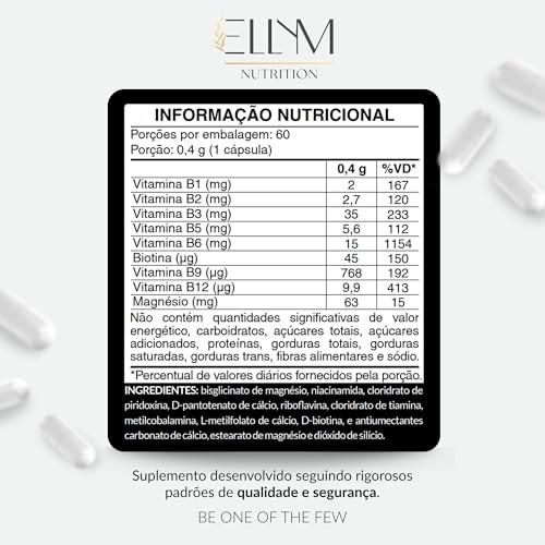 Vitaminas Complexo B e Magnésio 60 Capsulas Ellym Nutrition 2 Meses Biotina Metilfolato Metilcobalamina B1 B2 B3 B4 B5 B6