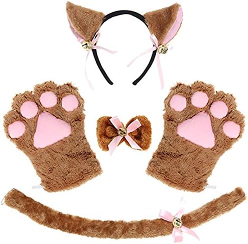 Kitty Cat Cosplay Set Ears Tail Collar Paws Hallowmas Accessory (coffee)