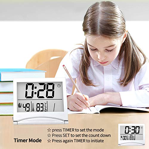 Betus Digital Travel Alarm Clock - Foldable Calendar & Temperature & Timer LCD Clock with Snooze Mode - Large Number Display, Battery Operated - Compact Desk Clock for All Ages (Silver)