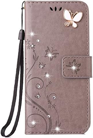 Auroralove iPhone 8 Plus/7 Plus Luxury Handmade Bling Rhinestone Soft Slim Flip Stand Wallet Case for iPhone 7 Plus/8 Plus Flower Butterfly PU Leather Case for Girls Women (iphone 8/7 Plus 5.5, Gray)
