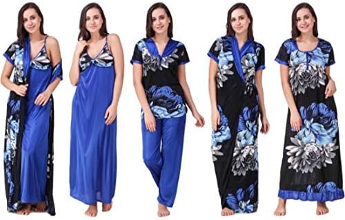 House Of Sensation Women's Satin Nightwear Set of 5 Pcs 1 Wrap Gown, 1 Full Nighty, 1 Night Gown, 1 Top, 1 Pyjama