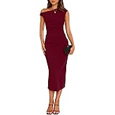 IHOT Women's Sleeveless One Shoulder Bodycon Ruched Slit Wedding Guest Cocktail Midi Dress