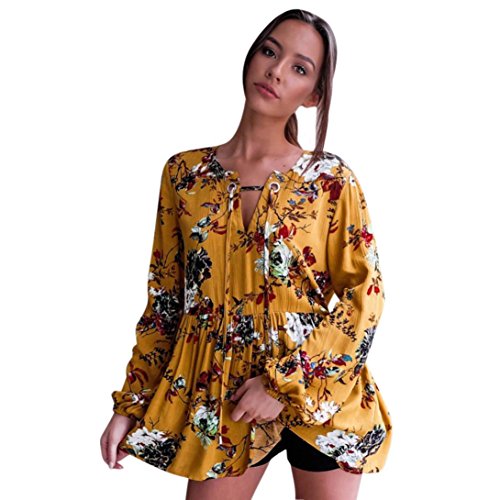 Women Blouse, Neartime Women Print Long Sleeve Shirt Casual Tops T Shirt (XL, Yellow)