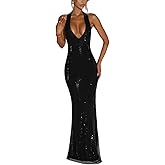 Lulezuare Sparkly Halter Neck Deep V Neck Backless Prom Dress for Women Bodycon Mermaid Glittering Maxi Dresses