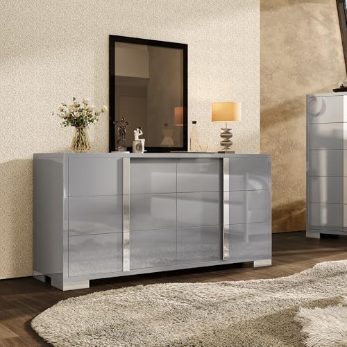 Jocisland 54" W High Gloss 6 Drawers Dressers with Silver Grooved Handles, Modern Storage Chest of Drawers with Wide Tabletop, for Bedroom/Dressing Room/Living Room, Grey