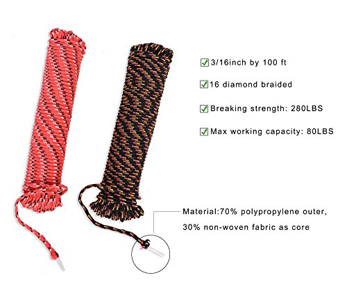 MICASA Utility Rope Paracord Nylon Twine - Diamond 16 strands Braided, 100% new Polypropylene material, breaking stength 280LBS, max working capacity 80LBS (3/16 inch by 100FT)