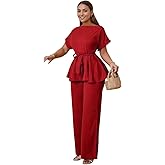 WUSENST Palazzo Pants Sets Women 2 Piece Outfits Round Neck Short Sleeve Tied Waist Ruffle Hem Top Casual Elegant Business Suit Sets