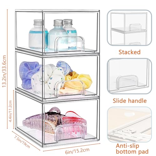 Clear Storage Organizer Drawers, Stackable Acrylic Cabinet Box with Anti-slip Pads, Small Plastic Drawer Organiser Bin for Kitchen, Bathroom, Makeup, Fridge, تخزين منظمات ادراج منظم, (4 PACK)