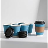 50 Set 12 oz Blue Ripple Paper Cups with Lids and Straws, Insulated Disposable Coffee Cups for Hot and Cold Drinks, Corrugated To-Go Cups for Office, Cafes, Parties, and Events