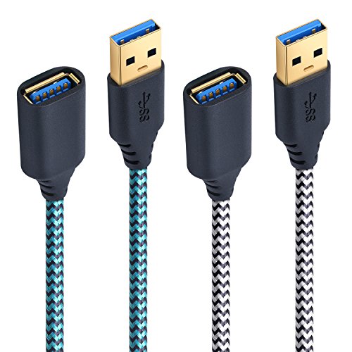 USB Extender, Besgoods 2-Pack Braided USB 3.0 6 ft USB Extension Cable A Male to A Female Extension Cord with Gold-Plated Connector, White Blue