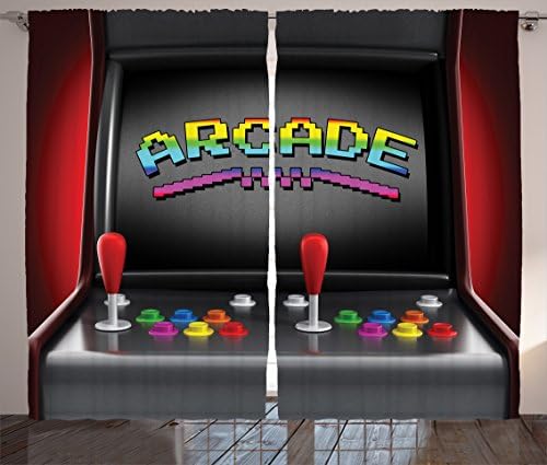 Ambesonne Video Games Curtains, Arcade Machine Retro Gaming Fun Joystick Buttons Vintage 80's 90's Electronic, Living Room Bedroom Window Drapes 2 Panel Set, 108" X 84", Charcoal Red