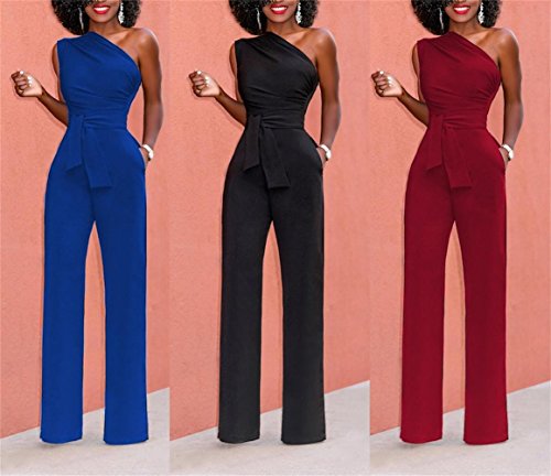 VLUNT Women's Sexy One Shoulder Jumpsuits Belted Wide Leg Long Romper Pants