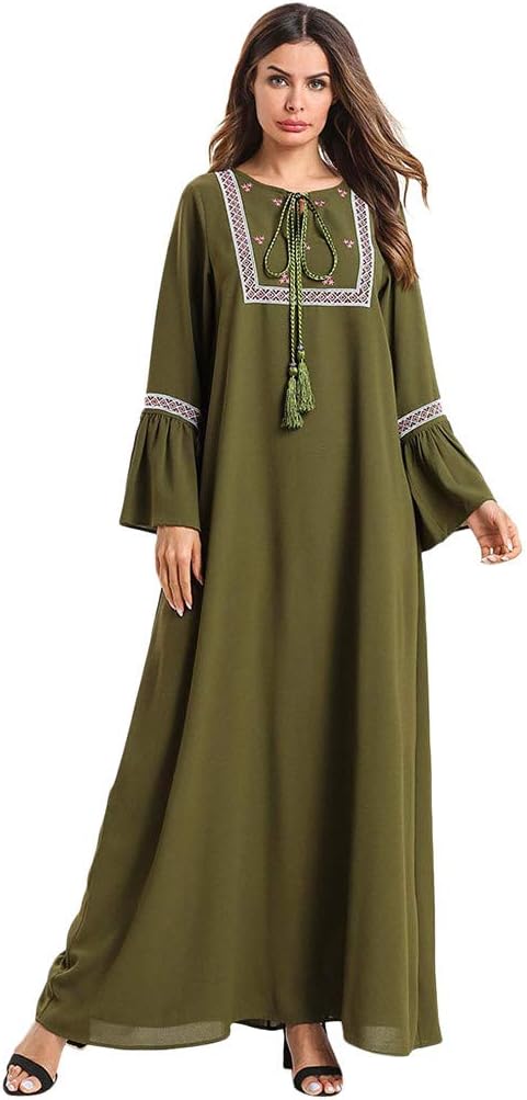 Womens Muslim Long Sleeve Dress Hijab Embroidered Arab Dresses