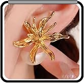 Gold Plated Flower Pearl Front Back Earrings for Women,Trendy Big Pearl Statement Jacket Earrings Striking Wedding Anniversary Jewelry Gifts