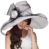 June's young Women Hats Summer Big Hat Wide Brim Top Flower(White/black)