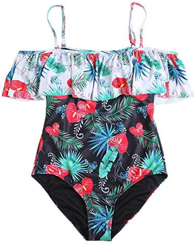 Funnygirl Womens Floral Print Swimsuit Flounce Off Shoulder one Piece Ruffles Beach Swimwear Bathing Suit