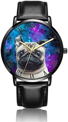 Whiterbunny Customized Galaxy Pug Wrist Watch Unisex Analog Quartz Fashion Black Leather Strip/Black Dial Plate for Women and Men