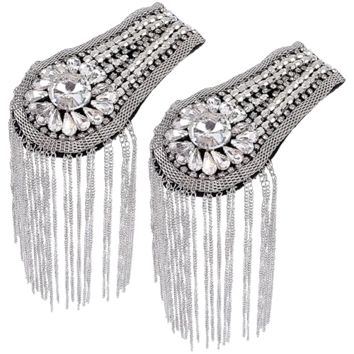CABODYALS 2Pcs Silver Fringe Rhinestone Shoulder Epaulettes Sparkle Tassel Chains Teardrop Appliques With Pin Glitter Vintage Decorative Badge for Women Clothing Accessories Wedding Dresses Party