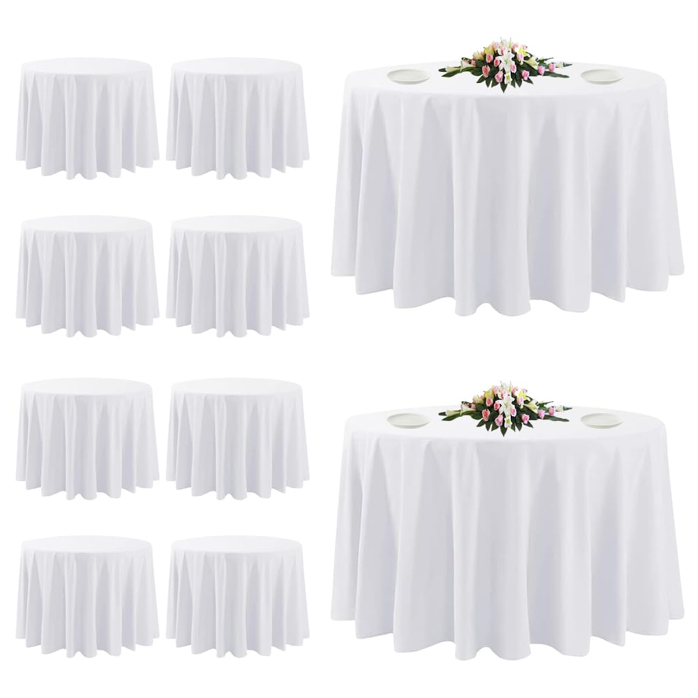 Photo 1 of 10 Pack White Round Tablecloths, 120 Inch Stain Resistant and Wrinkle Polyester Fabric Washable Table Clothes Cover for Kitchen Dining, Wedding, Reception Banquet, Birthday Party, Buffet Restaurant