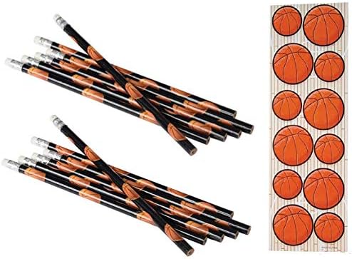 Basketball Party Favors ~ 1DZ (12) Basketball Pencils & 12 Basketball Sticker Sheets (144 Stickers) Party giveaway Goody bag Sports Theme