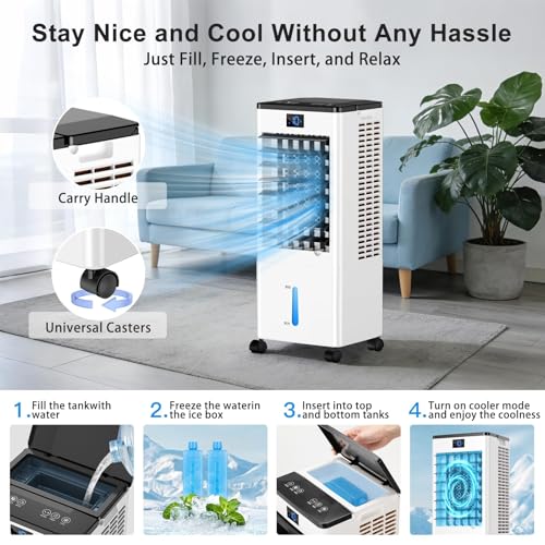 Portable Air Conditioners,3-in-1 Evaporative Cooling Fans that Blow Cold Air, 4 Modes 3 Speeds, 12H Timer & Remote, 120°Oscillation, Windowless Portable AC Swamp Cooler w/ 8L Tank for Home Bedroom