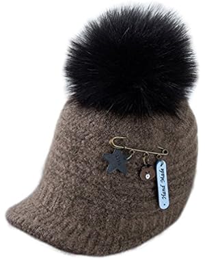 Knitted Bear Fur Ball Pin Hats Crochet Visor Beanie Cap For 3-7 Years Old Kids