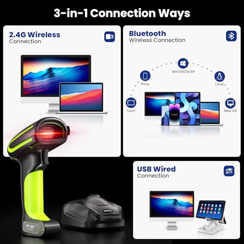 Eyoyo 2D QR Industrial Barcode Scanner with Wireless Charging Stand, Rugged Heavy Duty & IP65 Waterproof 3-in-1 Bluetooth & Wireless & USB Hands-Free Barcode Reader for Laptop Desktop Tablet Android