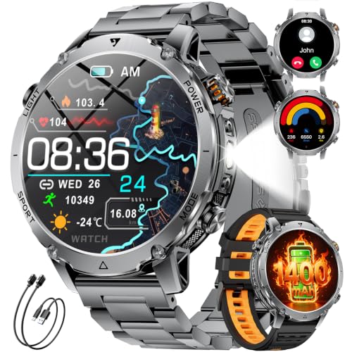 1400 mAh Battery Smartwatch Men, 1.7 HD Military Smart Watch with Phone Function, 110+ Sports Modes, IP68 Fitness Watch, Heart Rate/Sleep Monitor, LED Torch, Sports Watch for Android iOS, Grey Black