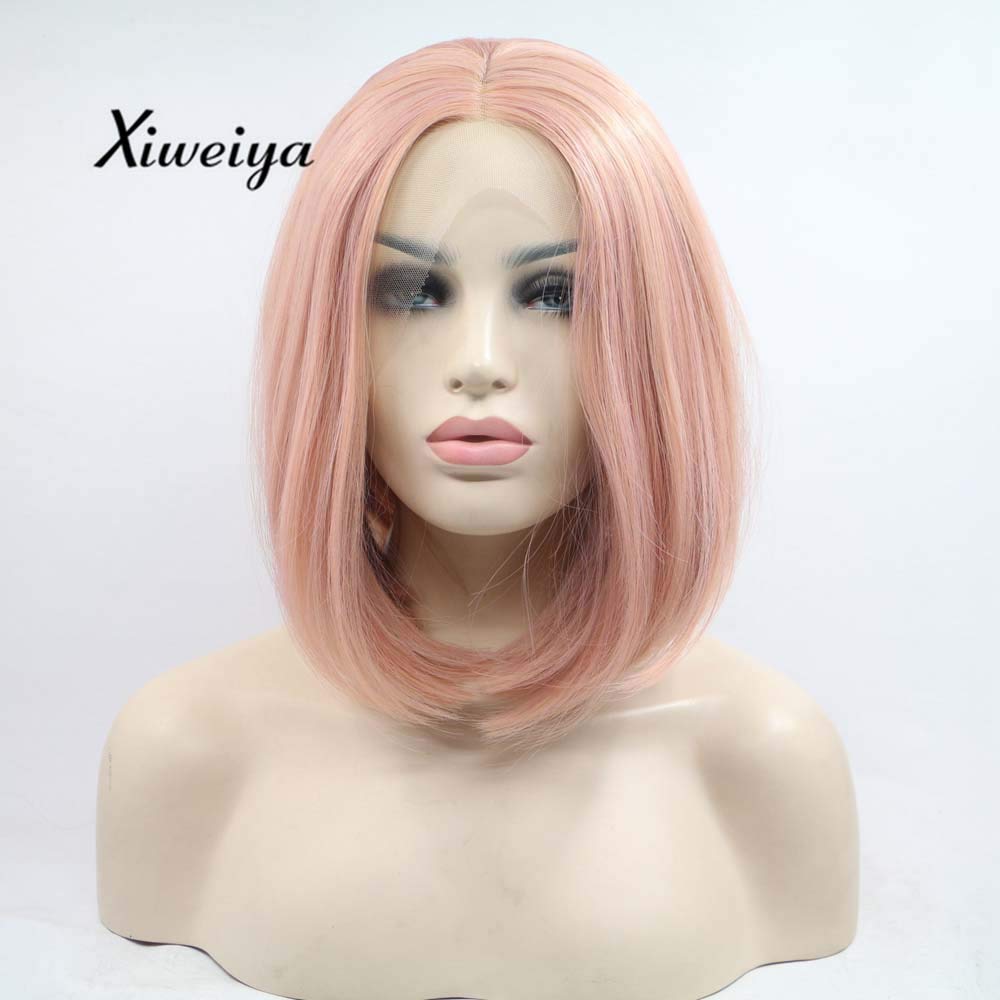 Xiweiya wig Pastel Pink wig Synthetic Peach Pink Lace Front Short Bob Wigs Heat Resistant Fiber Short Straight Hair Wigs