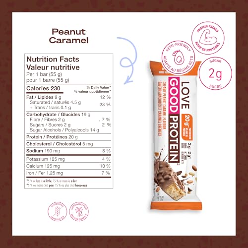 Love Good Fats High Protein Bars, Peanut Caramel - Whey Protein and Collagen - 20g Protein includes 6-7g Collagen, 2g Net Carbs, 1g Sugar - Chocolate Coating - Low Carb, Low Sugar, Keto, 12 Pack