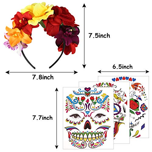 Halloween Headband, 4PCS Day of The Dead Headband Costume Mexican Headpiece with Halloween Temporary Tattoo Stickers for Halloween Masquerade Party Dress up Favor