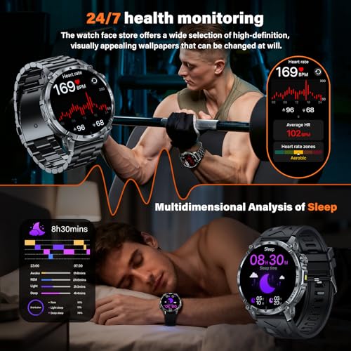 Reloj Inteligente Hombre Militar con Batería 1000 mAh y Linterna LED, 1.7” Smartwatch Hombre con Llamadas Bluetooth Pulsómetro SpO2 Monitor de Sueño 110+ Modos Deportivos Android iOS (Acero Negro)