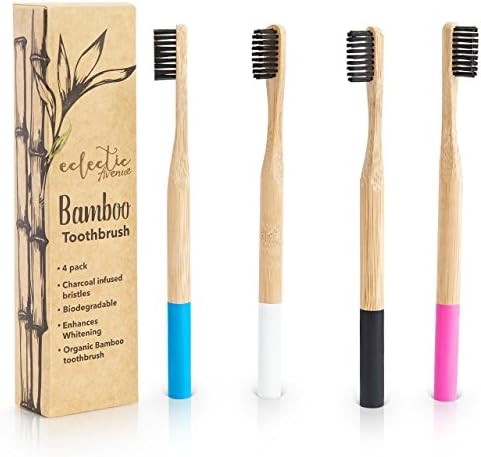 Biodegradable Bamboo Toothbrush Charcoal Infused. Organic natural eco-friendly wooden toothbrush handle. BPA Free, soft Nylon bristles for adults and kids. Family set of 4 toothbrushes. (Charcoal)