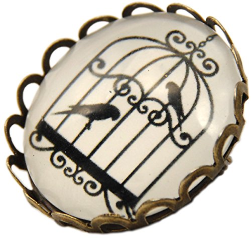 Unisex Two Birds in Cage Glass Cabochon Brooch Antique Bronze 25mm + FREE GIFT BAG